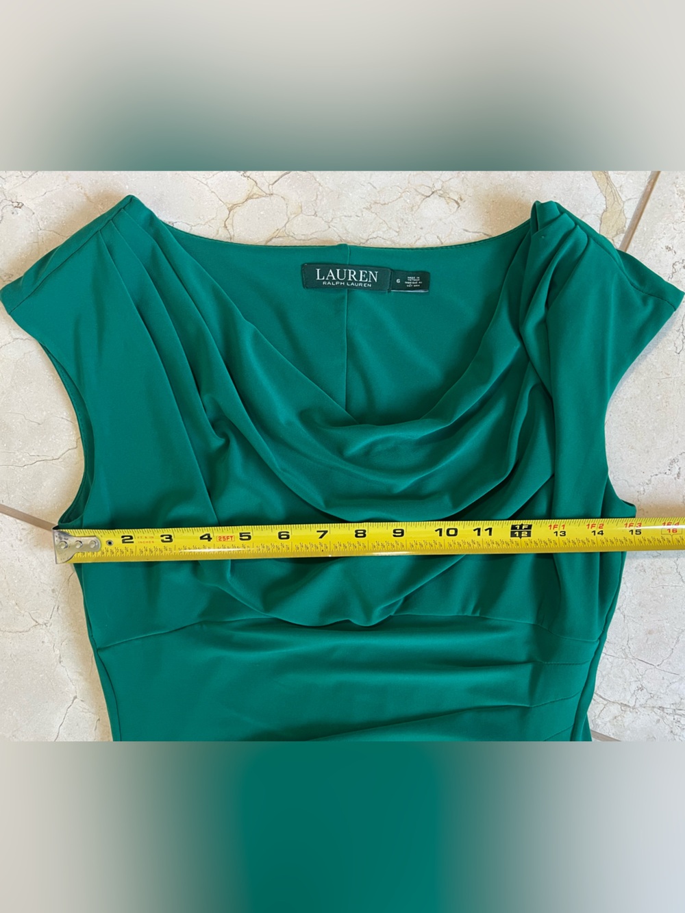 Ralph Lauren Cowl Neck Ruched Cocktail Sheath Dress Emerald Green Size 6 Elegant - Picture 7 of 8